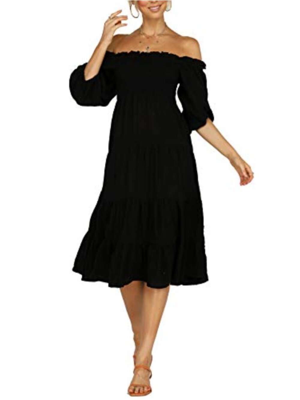 Women's Cotton Lantern Sleeve Off Shoulder Ruffle A-Line Midi Dress
